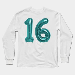 Aqua Blue 16th Birthday Metallic Helium Balloons Numbers Long Sleeve T-Shirt